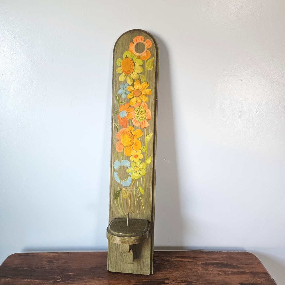 Vintage Hand Painted Floral Wood Wall Sconce Candle Holder Olive Green Folk Art